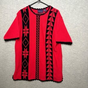 Vintage Red and‎ Black Aztec Knit Top Short Sleeve Boho Geometric Women 1X